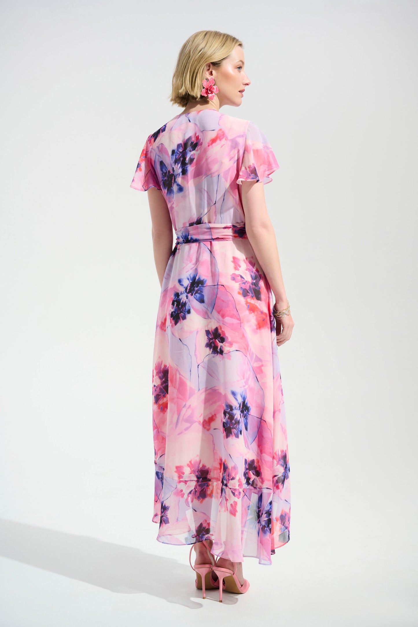 PRE ORDER Joseph Ribkoff Signature | Chiffon Print Wrap Dress With Ruffle Detail
261739 Multi