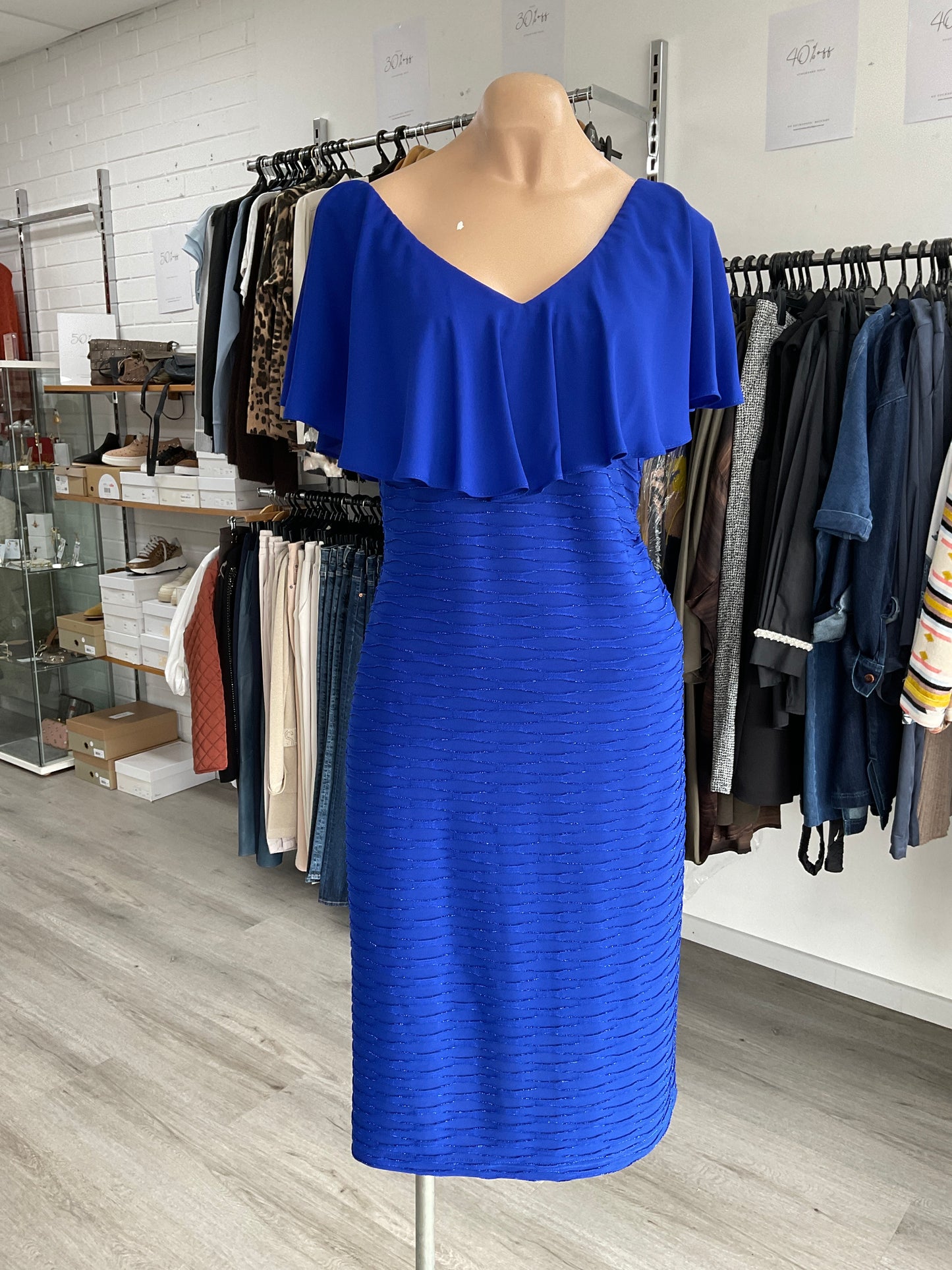 Joseph Ribkoff Lurex Cascade And Chiffon Sheath Dress 244043 - Royal Sapphire