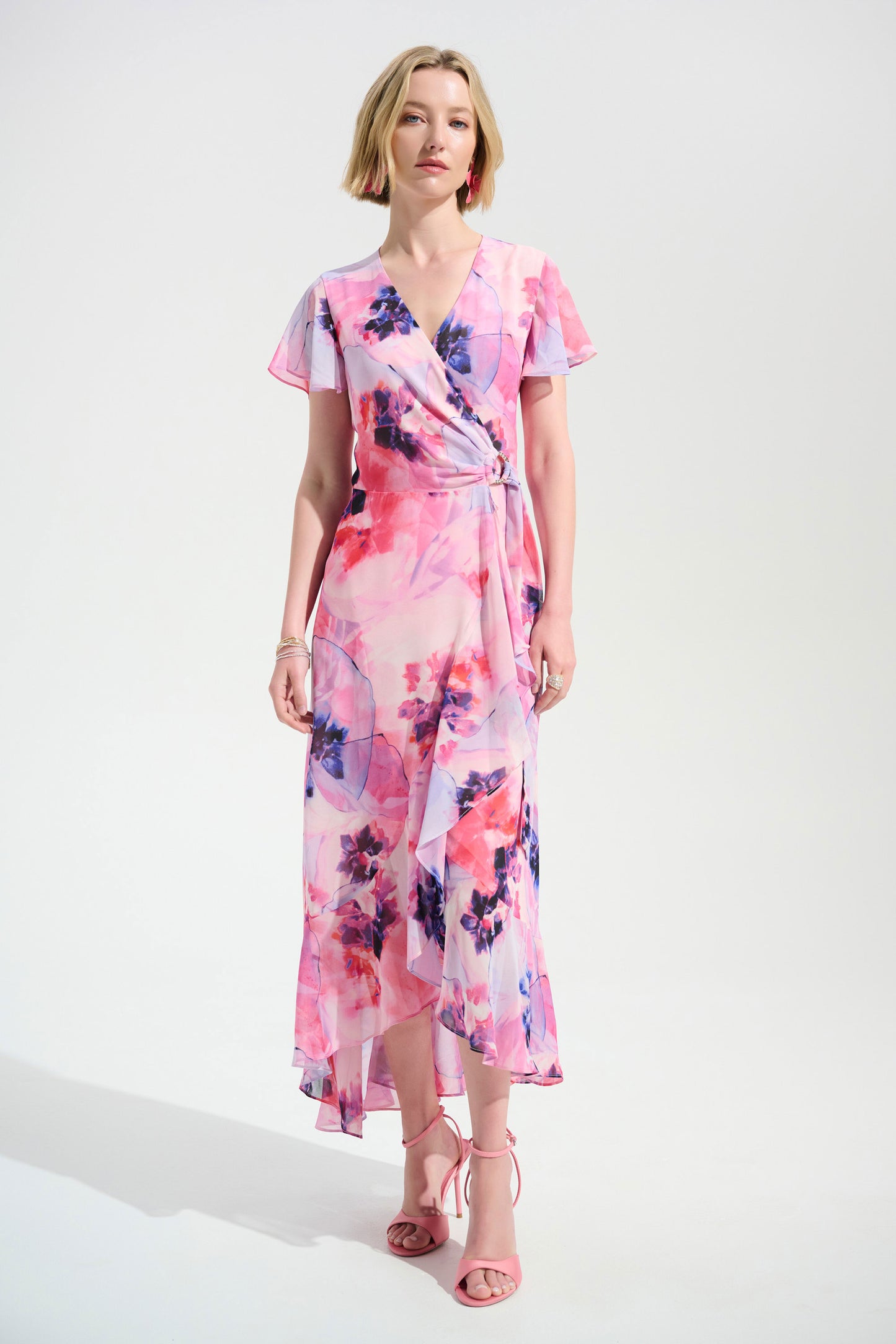 PRE ORDER Joseph Ribkoff Signature | Chiffon Print Wrap Dress With Ruffle Detail
261739 Multi