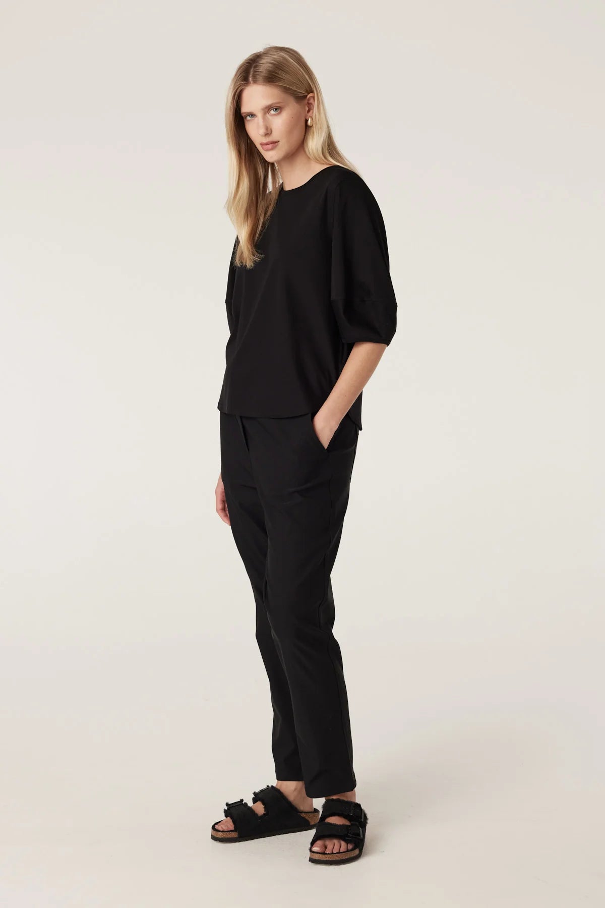 Cable Pima Cotton Lantern Sleeve Top - Black
