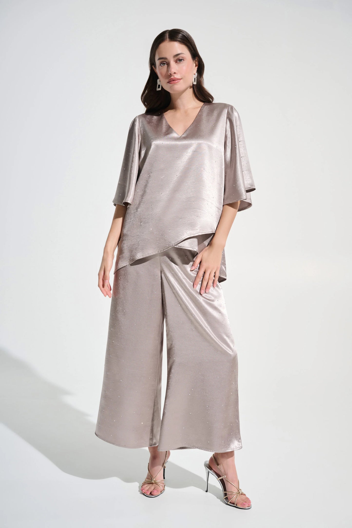 Joseph Ribkoff Signature Satin Rhinestone Boxy Tunic With Flutter Sleeves
262722 Feather Grey