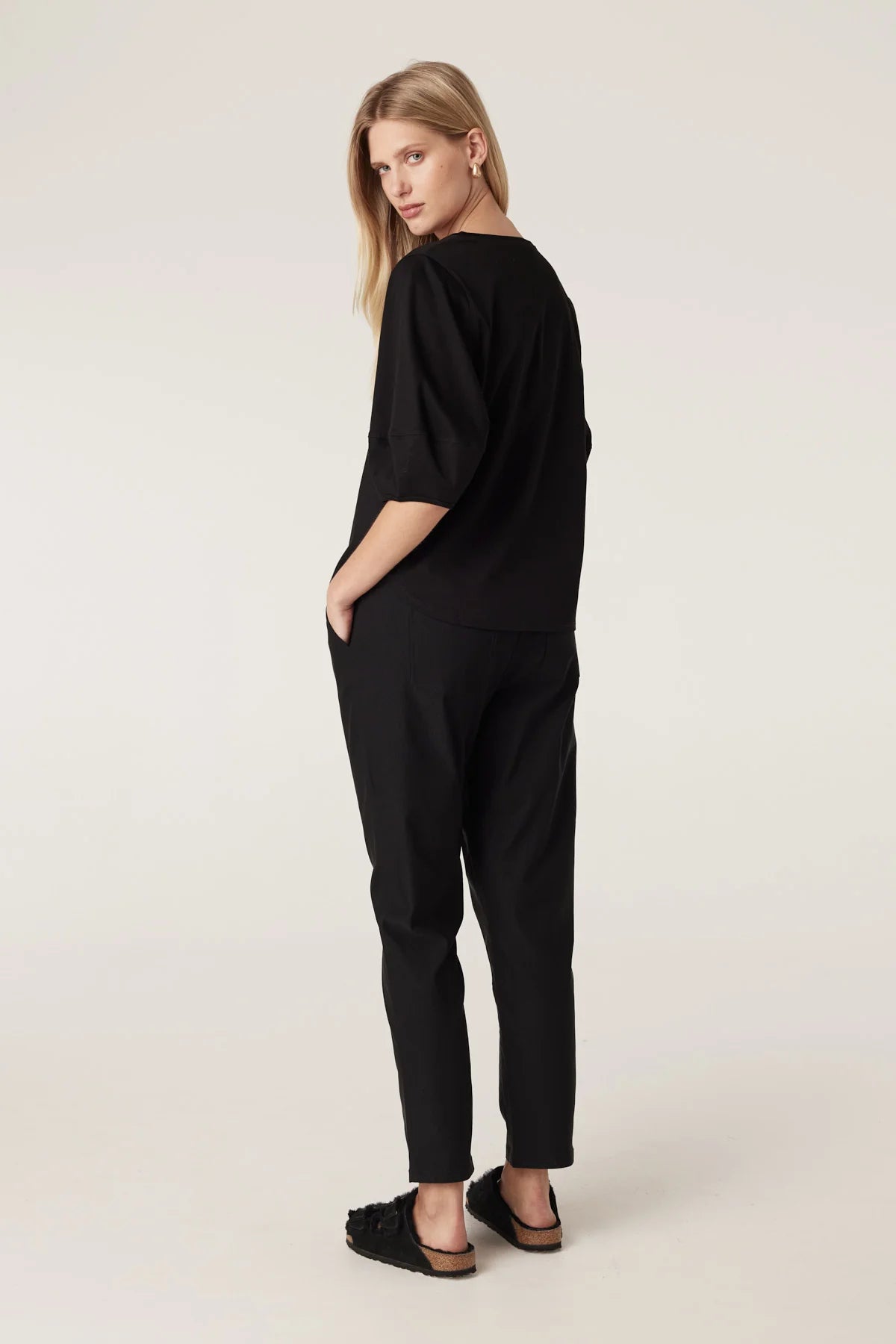 Cable Pima Cotton Lantern Sleeve Top - Black
