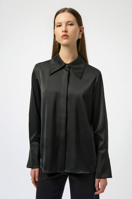 Joseph Ribkoff Satin Button-Front Blouse with Embellished Collar
254926
