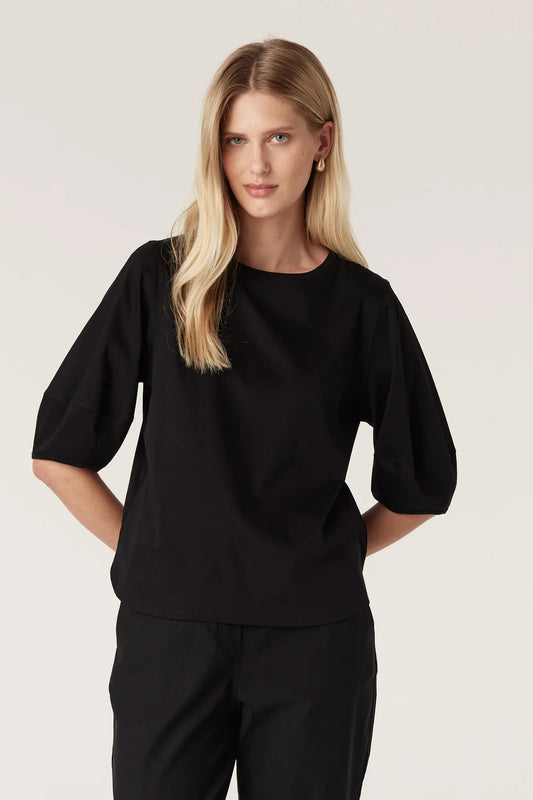 Cable Pima Cotton Lantern Sleeve Top - Black