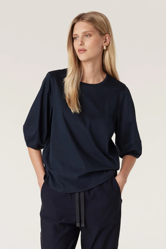 Cable Pima Cotton Lantern Sleeve Top - Navy