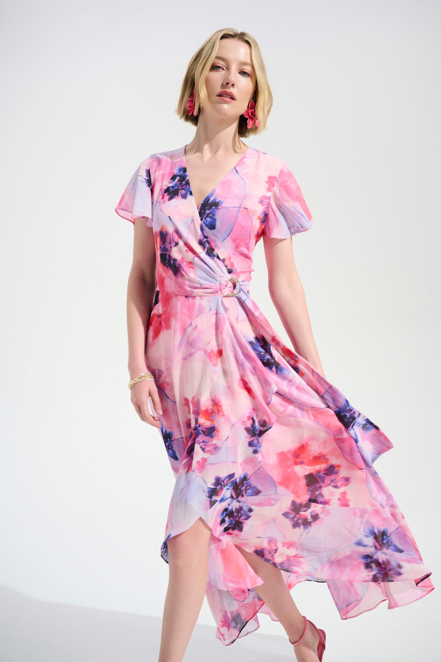PRE ORDER Joseph Ribkoff Signature | Chiffon Print Wrap Dress With Ruffle Detail
261739 Multi