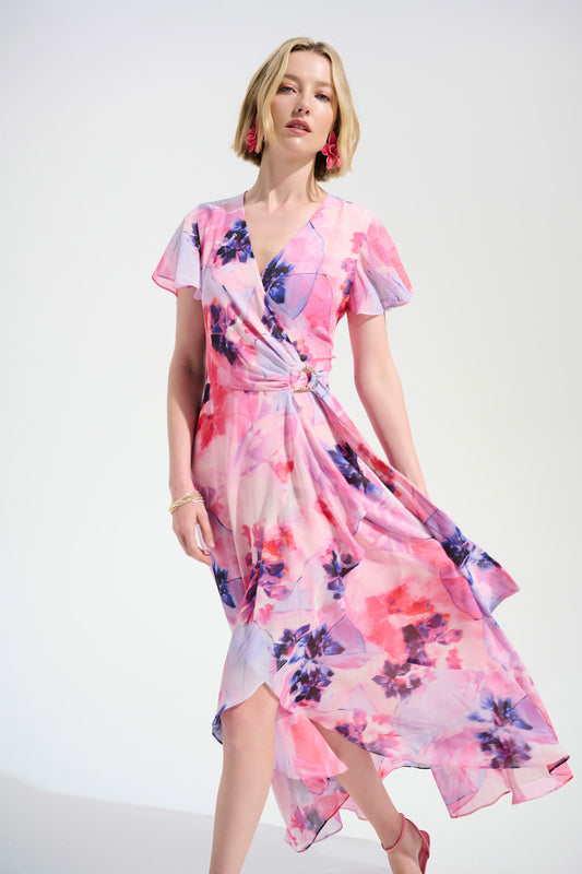 Joseph Ribkoff Signature | Chiffon Print Wrap Dress With Ruffle Detail
261739 Multi
