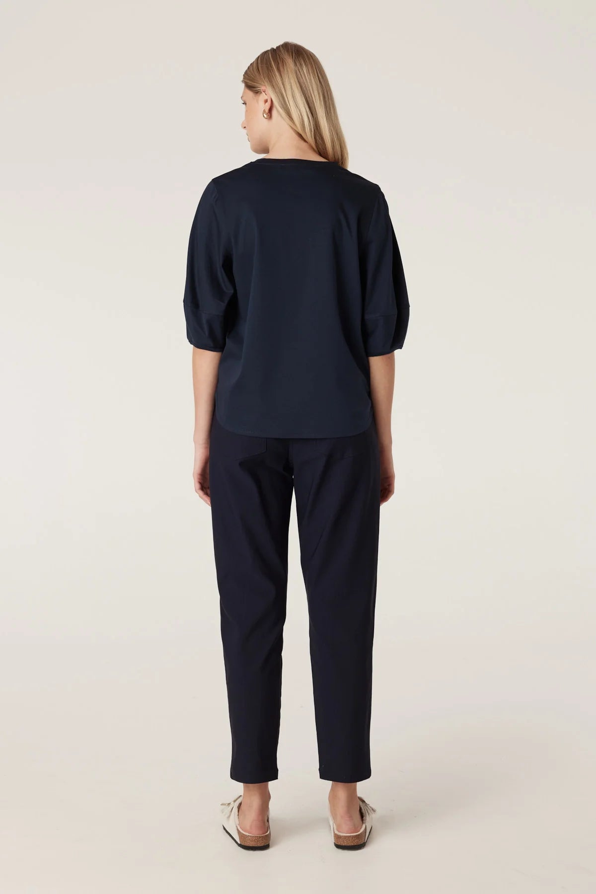 Cable Pima Cotton Lantern Sleeve Top - Navy