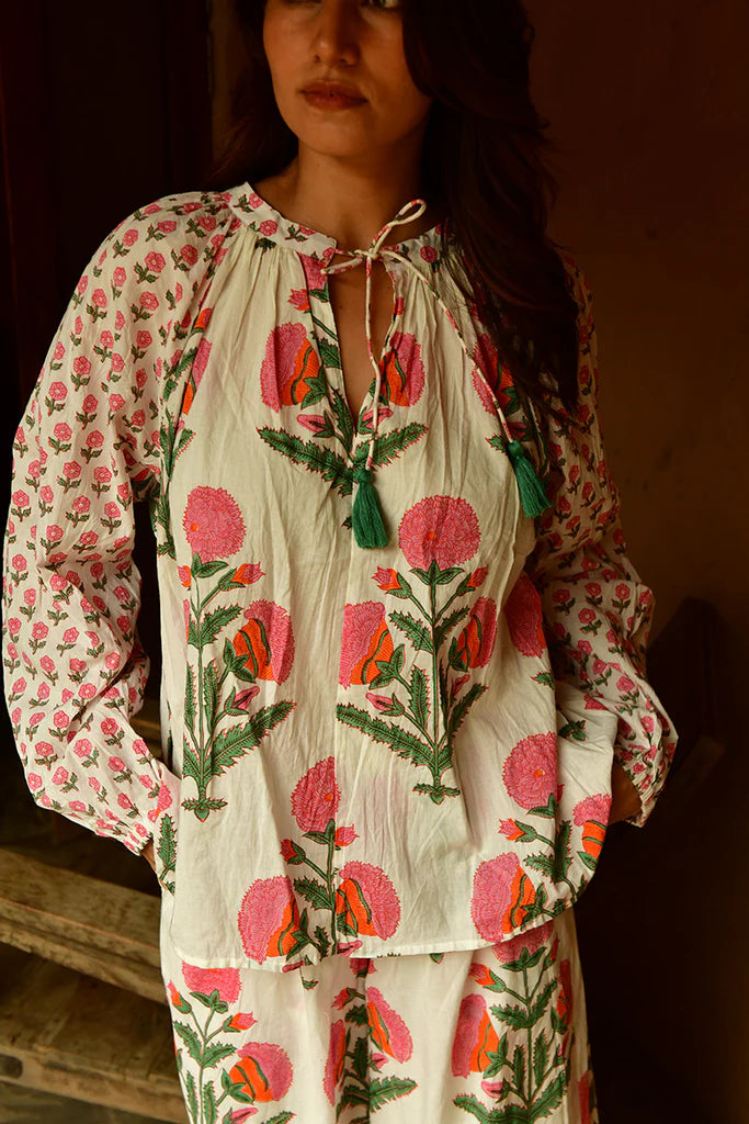 MANDALAY DESIGNS Marigold Bobby Top - White/ Multi