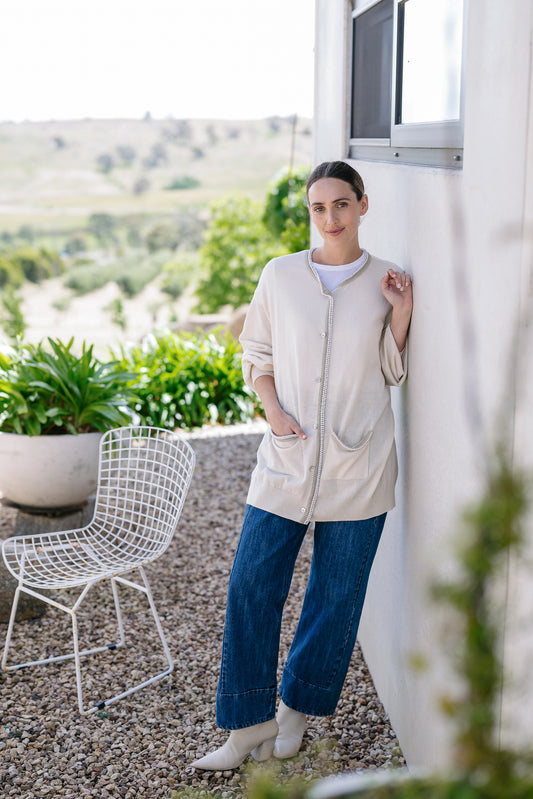 Maud Dainty Moto Cardigan  - Whipped Cream/ Pearl