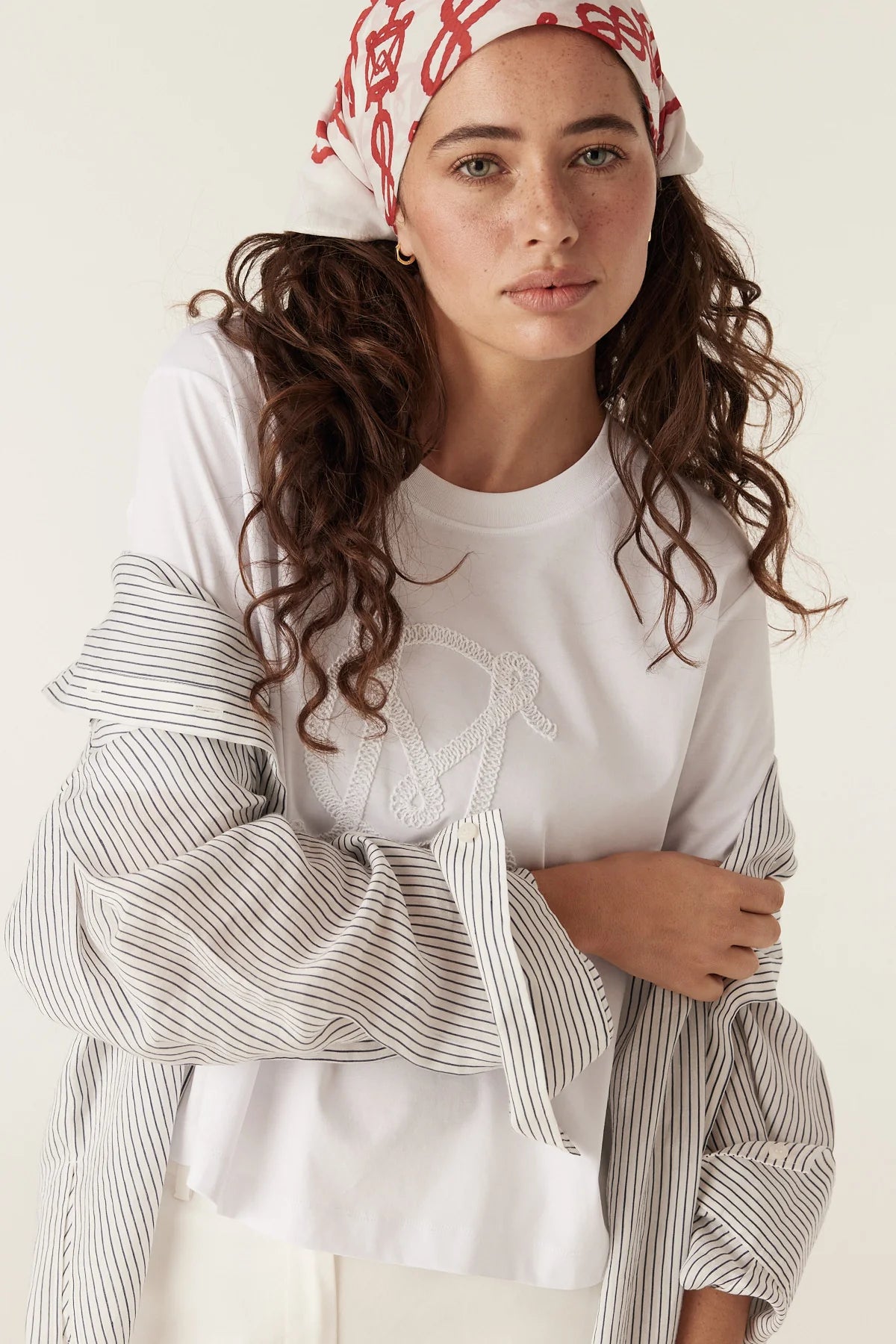 Cable Pima Cotton Boxy Logo Tee - White
