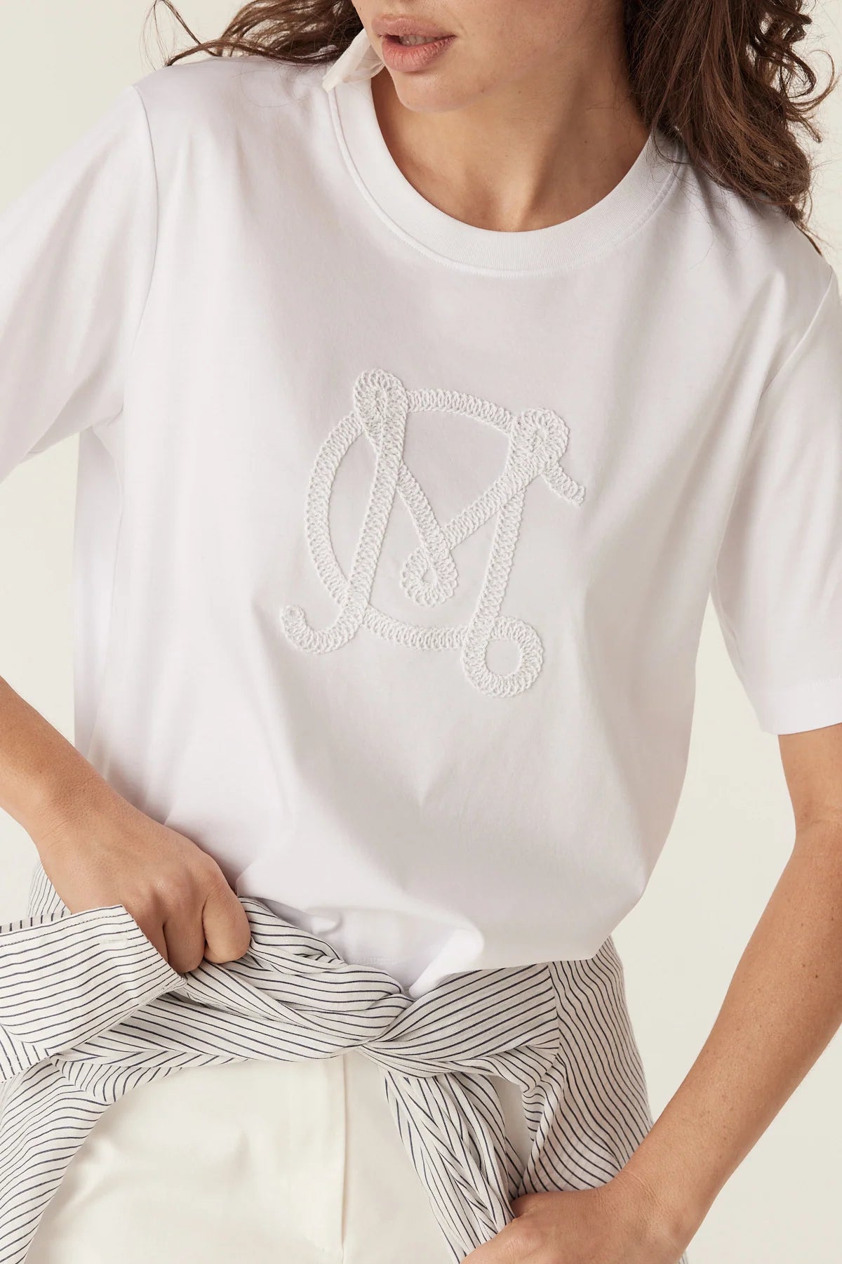 Cable Pima Cotton Boxy Logo Tee - White